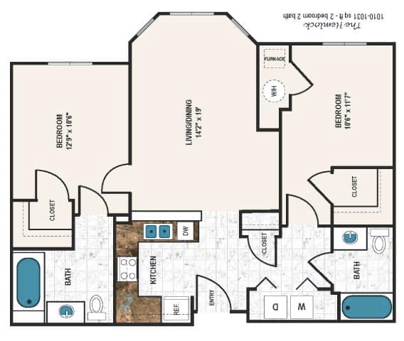 A floor plan of a house with a living room, dining room, kitchen, and bathrooms.