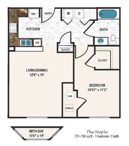 A floor plan of a one bedroom apartment with a living/dining area of 12'6
