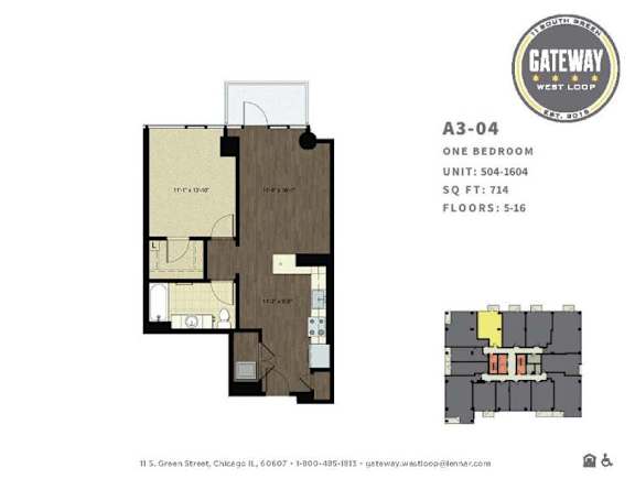 A drawing of a floor plan for a one bedroom apartment.
