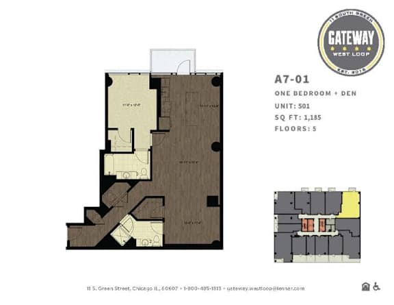 A drawing of a floor plan for a one bedroom apartment with a den.