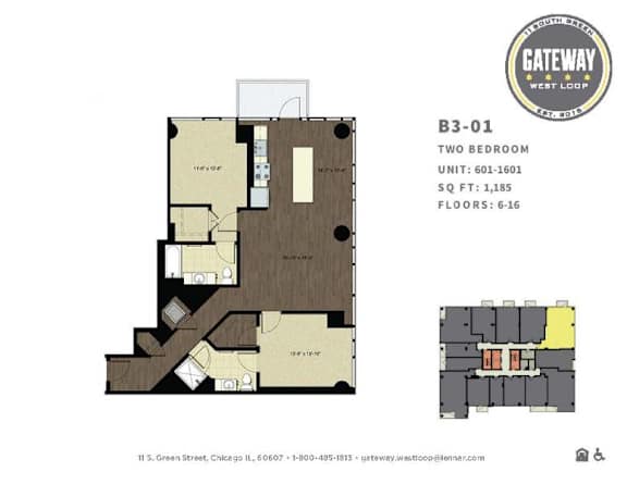 A floor plan for a two bedroom apartment at Gateway West Loop.
