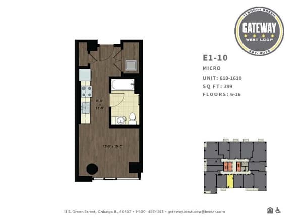 A floor plan for a micro unit at Gateway West Loop.