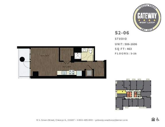 A floor plan for a studio apartment at Gateway West Loop.