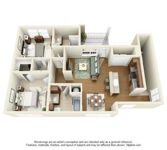 A 3D floor plan of a house with a kitchen, living room, and dining area.