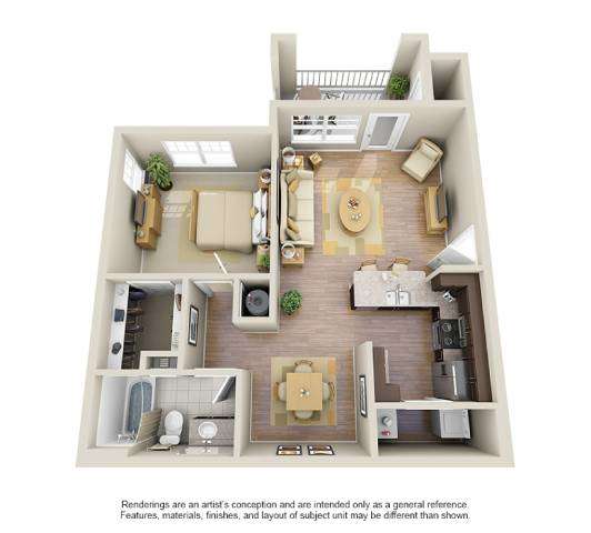 A 3D floor plan of a house with a kitchen, living room, and two bedrooms.