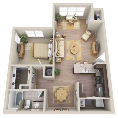 A 3D floor plan of a house showing a living room, kitchen, dining room, and bedrooms.