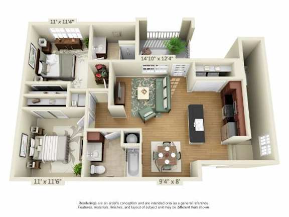 A floor plan of an apartment with a living room, kitchen, and two bedrooms.