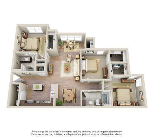 A 3D rendering of a house layout with various rooms and furniture.
