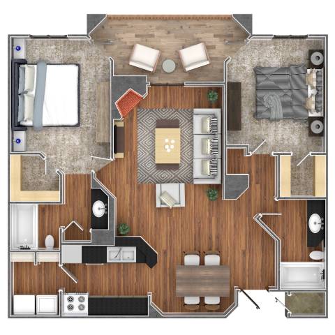 A top-down view of a house layout with a living room, kitchen, and bedrooms.