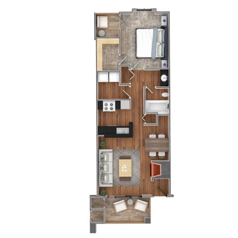 A floor plan of a house with a kitchen, living room, and two bedrooms.