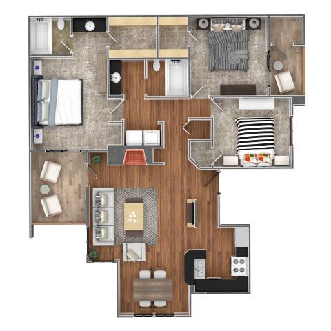 A detailed 3D floor plan of a house layout.