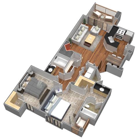 A 3D floor plan of a house with multiple rooms.