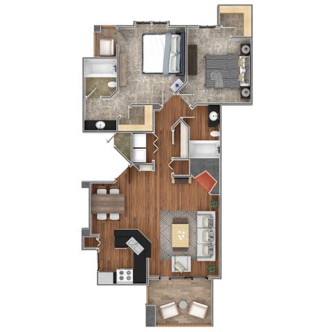 A floor plan of a house with a kitchen, living room, dining room, and two bedrooms.