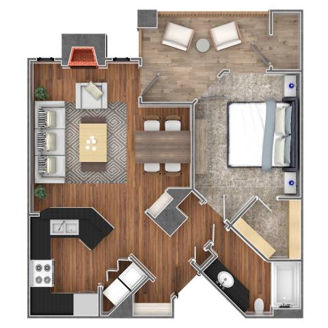 A floor plan of a house with a kitchen, living room, and bathroom.