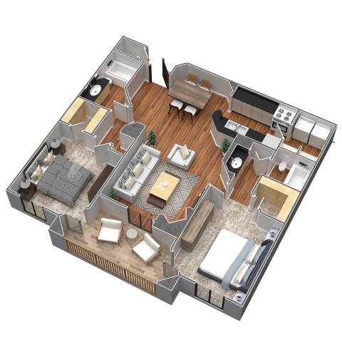 A 3D floor plan of a house with multiple rooms and furniture.