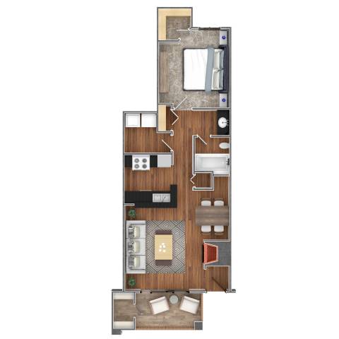 A top down view of a floor plan of a house with a kitchen, living room, and bedrooms.