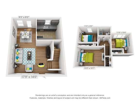 A floor plan of a two-bedroom apartment with dimensions and a disclaimer.