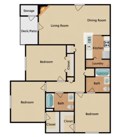 Myrtle 2 bed and 2 bath 2D apartment floorplan at Waters Edge at Harbison