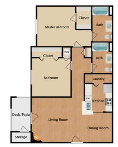 Palm 2 bed and 2 bath 2D apartment floorplan at Waters Edge at Harbison