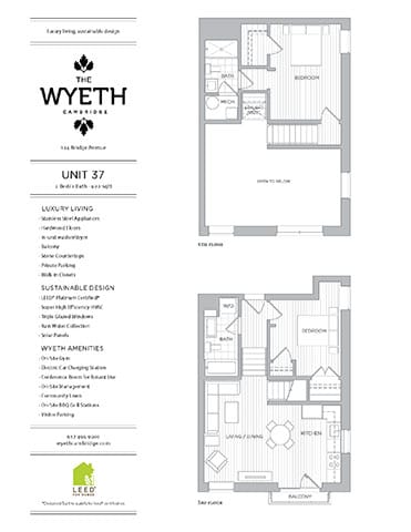A floor plan for a unit at The Wyeth showcases a spacious layout with a living room, two bedrooms, and a bathroom.