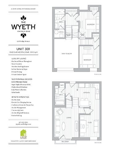 A floor plan for a unit at The Wyeth Campus shows a living room, kitchen, and two bedrooms.