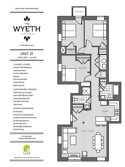 A floor plan for a unit at The Wyeth Cambridge shows a living room, two bedrooms, a bathroom, and a kitchen.