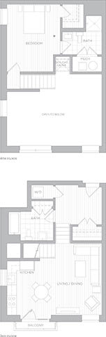 A set of two floor plans for a house with a living room, dining room, kitchen, and bathrooms.