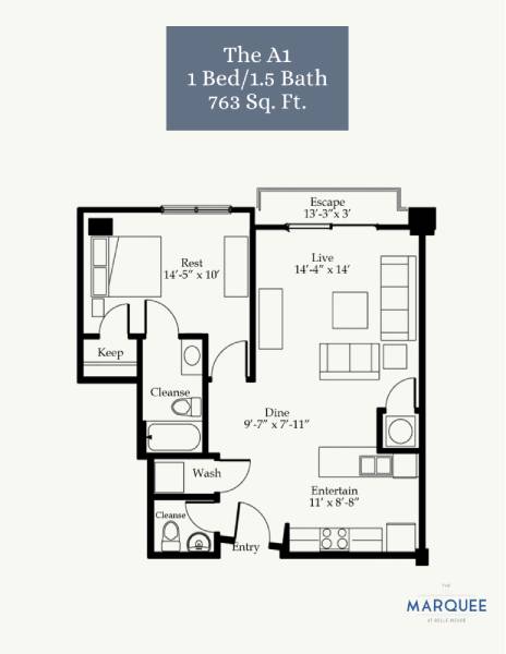 A drawing of a floor plan for a 1 bedroom, 1.5 bath apartment.