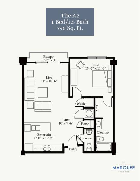 A floor plan for a 1 bedroom, 1.5 bath apartment that is 796 square feet.