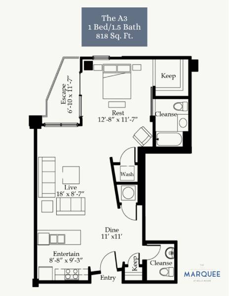 A floor plan of a 1 bedroom apartment with a bathroom.