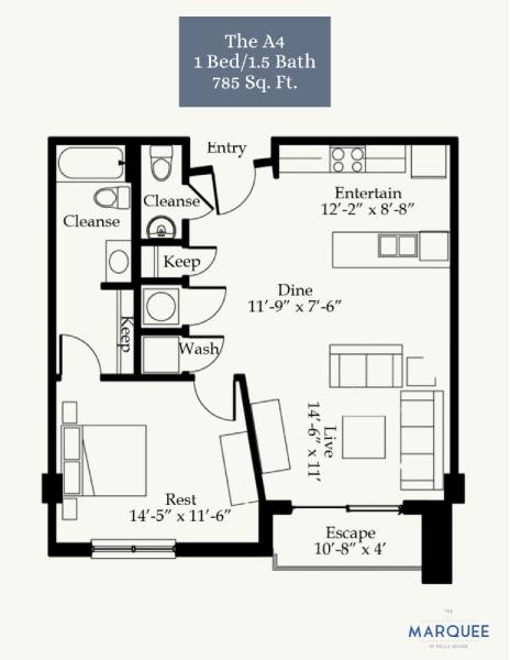 A black and white image of a floor plan for a 1 bedroom apartment.