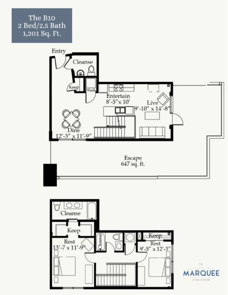 A floor plan for a 2 Bedroom, 2.5 Bath apartment at The B10.