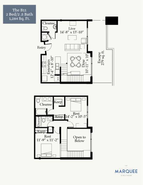 A floor plan for a 2 Bed/2.5 Bath condo sized at 1,284 square feet.