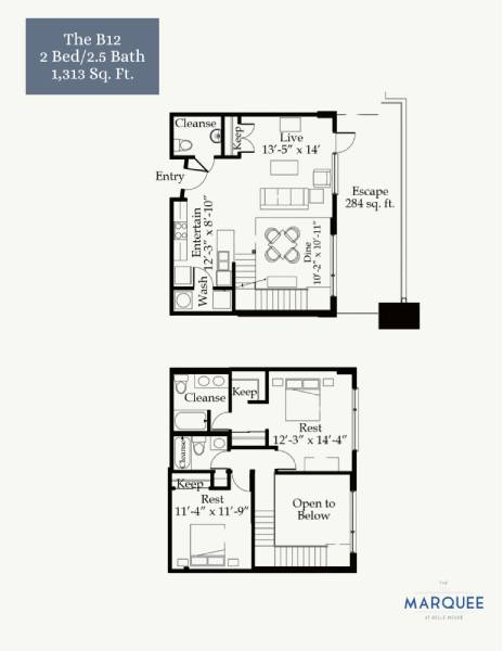 A floor plan for a 2 Bed/2.5 Bath apartment sized at 1,313 square feet.