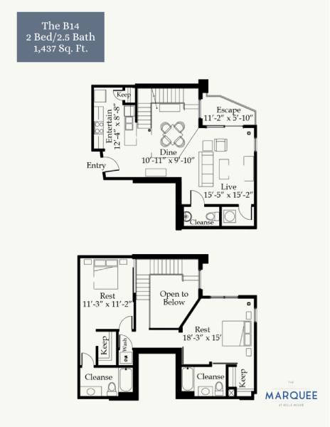 A floor plan for a 2 Bed/2.5 Bath property by Marquee.
