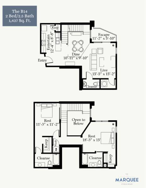 A floor plan for a two bedroom, 2.5 bath home by Marquee.