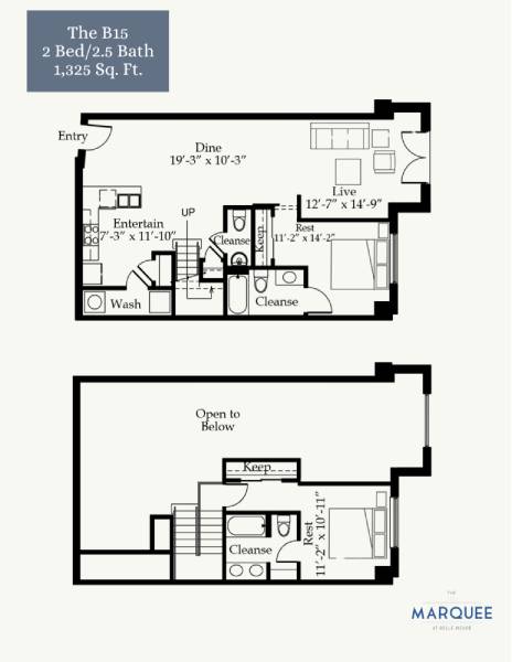 A floor plan for a 2 bedroom, 2.5 bath apartment at The B15.