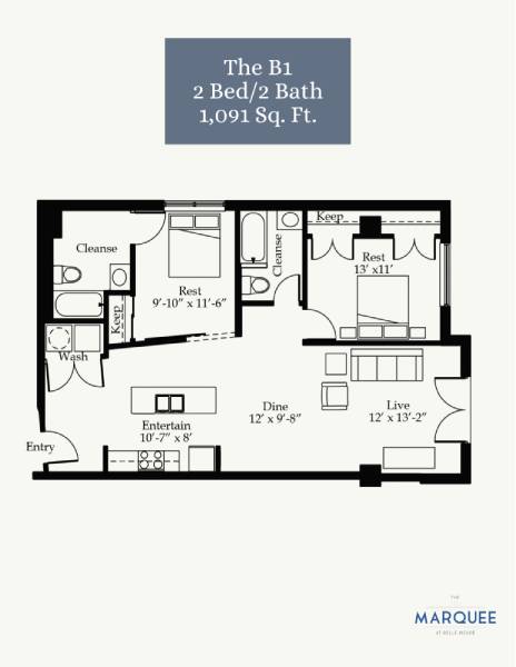 A floor plan for a 2 Bed/2 Bath apartment sized at 1,091 square feet.