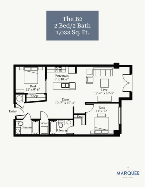 A floor plan for a 2 Bed/2 Bath apartment sized at 1,033 square feet.