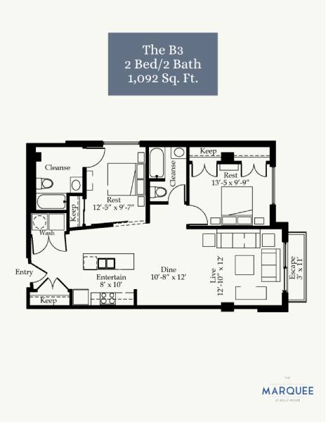 A floor plan for a 2 bedroom, 2 bathroom apartment sized at 1,092 square feet.