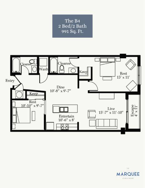 A floor plan of a 2 bedroom, 2 bath apartment.
