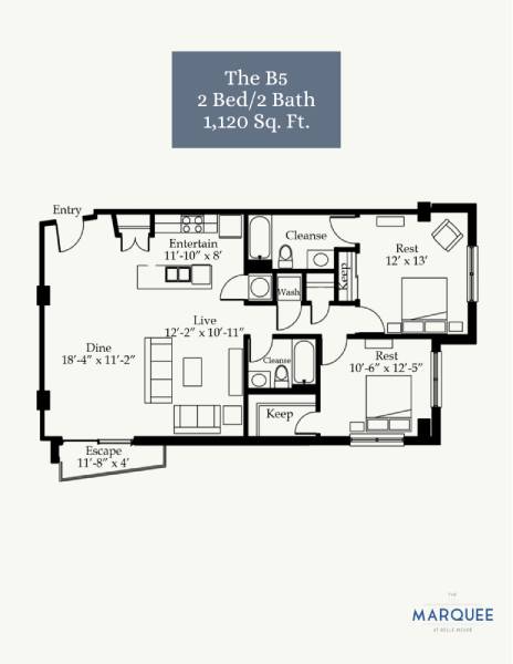 A floor plan for a 2 bedroom, 2 bathroom apartment sized at 1,120 square feet.