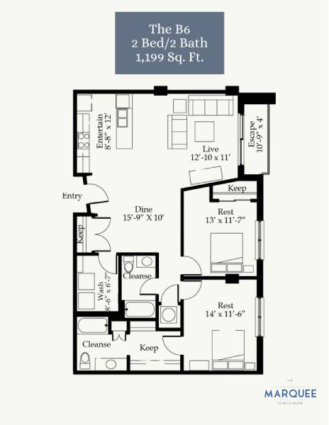 A black and white image of a floor plan for a 2 bedroom, 2 bathroom apartment.