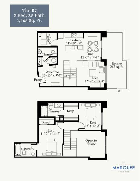 A floor plan for a two bedroom, two bath apartment.