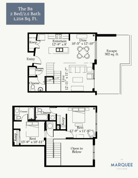 A floor plan for a two bedroom, 2.5 bath apartment at The B8.