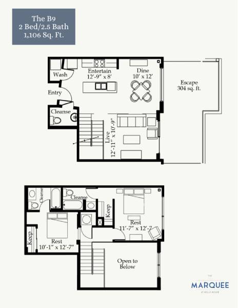 A floor plan for a 2 Bed/2.5 Bath apartment sized at 1,106 Sq. Ft.