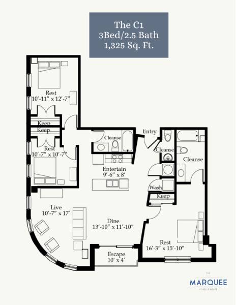 A floor plan for a 3 Bed/2.5 Bath apartment sized at 1,325 square feet.