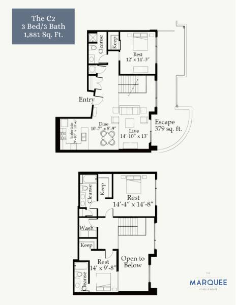 A floor plan for a C2 3 Bed/3 Bath apartment is shown.
