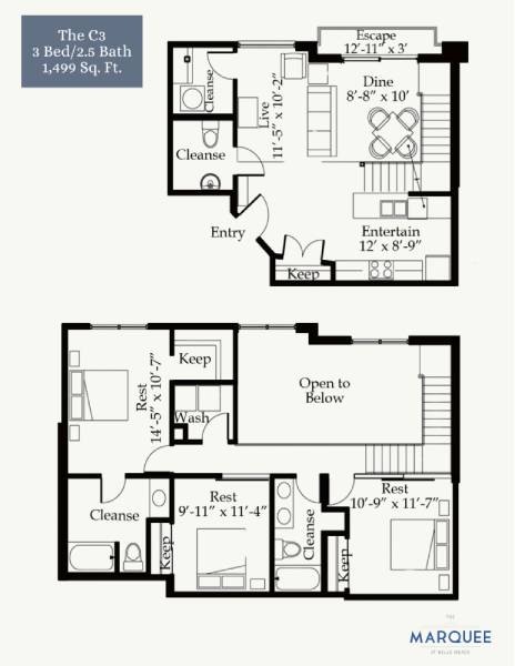 A floor plan for a 3 bedroom, 2.5 bath home by Marquee.