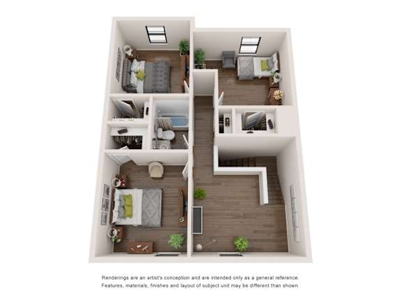 A 3D rendered image of a modern apartment layout.